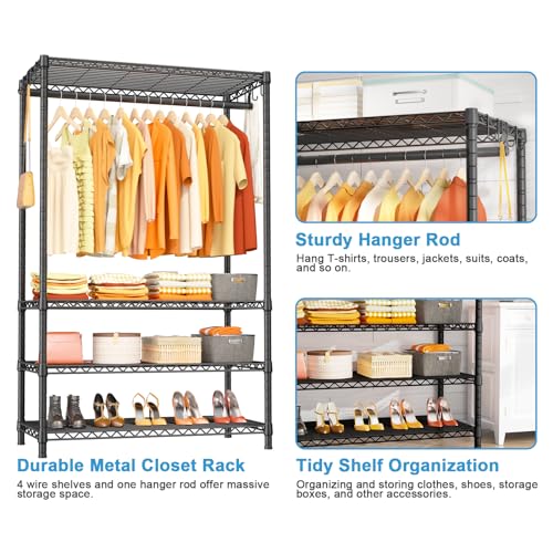 Ulif H4 Plus Portable Closets, 4-Tier Clothes Garment Rack for Bedroom and Cloakroom, Metal Clothing Storage and Organizer Wardrobe System, 45" W x 14" D x 76.4" H, Load 522lbs, Black - color: Black, size: H4 Plus