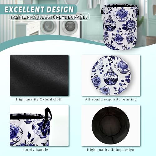 Blue White Floral Laundry Basket Foldable With Handles Vase Flower Tote Bag Oxford Cloth Color Laundry Hamper Clothes Storage Bucket Toy Organizer For Bathroom/Laundry/Bedroom 18.9"x16.5 " - color: Blue and White Vase Floral Flowers