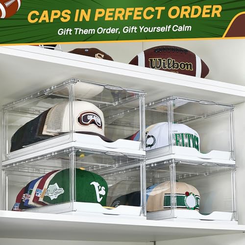 Vtopmart 2 Pack Hat Organizer for Baseball Caps, Clear Hats Holder Box with Drawer, Large Cap Storage with Sliding Tray, Stackable Rack Display Case with Magnetic Door, Each Holds 12 Hats