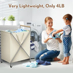 Foldable Metal Laundry Basket with Wheels, 2-Section Rolling Laundry Hamper, 37 Gallons (140L), Removable Liner, Steel Frame with Wooden Handle, Cream White - color: Cream White