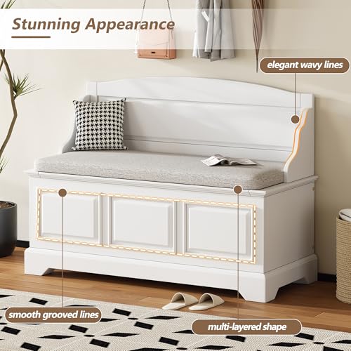 Knocbel Rustic Entry Storage Bench with Hidden Compartments and Removable Cushion, Wooden Entryway Hallway Foyer Shoe Bench Bedroom End of Bed Bench (White) - color: White