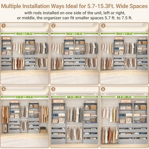 Aheaplus Closet System, 6-15Ft Closet Organizer with 8 Wooden Drawers, Wood Closet Organizer System with Tower, Walk-in Closet Organizer Wardrobe Garment Clothes Rack with 4 Hanging Rods, Grey - color: Grey