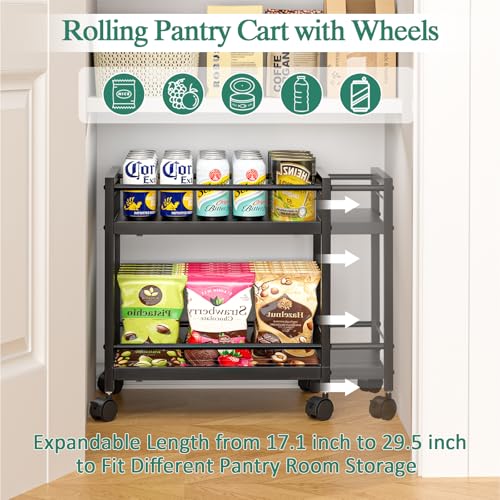 2-Tier Expandable Rolling Pantry Cart with Wheels, Adjustable Floor Organizer for Kitchen Pantry, Can Organizer for Pantry, Storage Cart for Snack, Food, Vegetables, Black, Patent Pending - color: Black