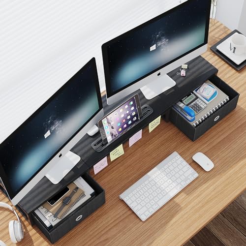 39 Inch Dual Monitor Stand Riser with 2 Drawers - Large Black Wooden Computer Stand for 2 Monitors, Ergonomic Desk Organizer with Phone Holder, Desktop Storage for Laptop, Office Supplies, Home Office - color: Black
