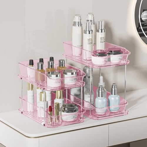 Delamu 2-Tier Under Sink Organizers and Storage, Multi-Purpose Stackable Bathroom Cabinet organizers, Pull Out Kitchen Pantry Organization and Storage with Dividers(2 Pack, Pink) - color: Pink, size: 2 Pack