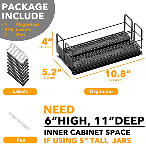 SpaceAid Pull Out Spice Rack Organizer for Cabinet, Heavy Duty Slide Out Seasoning Kitchen Organizer, Cabinet Organizer, with Labels, 5.2" W x10.8 D x4 H, 2 Drawers 1-Tier - style: Two 2"W Drawers, 1-Tier