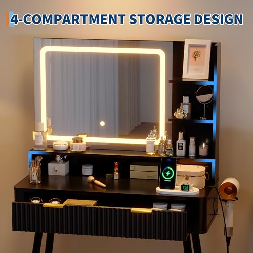 Garvee Fluted Vanity Desk with Mirror and Lights, 31 in Small Makeup Vanity Storage Cabinet & 2 Drawers, 3 Lighting Modes, Stylish Dressing Table for Bedroom - color: Deep Black