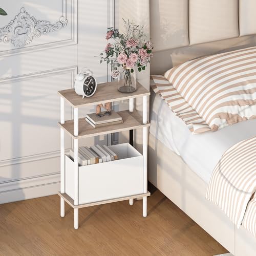 Narrow Side Table with Fabric Basket, End Table for Small Spaces, Slim Nightstand with 3-Tier Storage Shelf, Sofa Beside Table, for Living Room, Bed Room, Natrual Oak - color: Natrual Oak