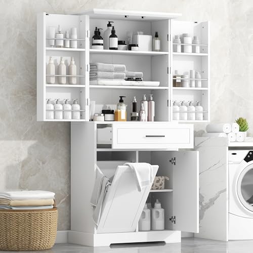 Virubi Tall Laundry Cabinet with 2 Tilt-Out Hampers and Drawer Wood Tall Laundry Storage Cabinet with Adjustable Shelves, for Bathroom Storage Organization, Freestanding(White) - color: White, size: 31"x16"x71.7"