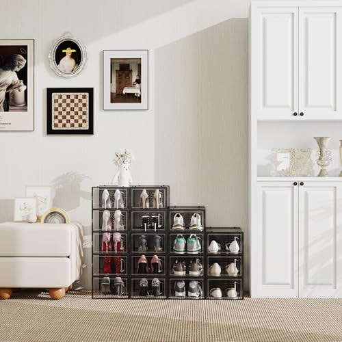 SEE SPRING Shoe Storage Boxes, White Plastic Stackable Shoe Organizer for Closet, Shoe Rack & Holder Sneaker Container, 12 Pack Black
