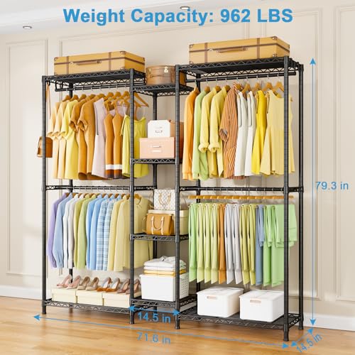 Ulif E4 Clothes Rack, Heavy-Duty Garment Rack, Metal Freestanding Clothing Organization Storage System Can Be L-Shaped with Shelves and Hangers, Max Load 962lbs, 71.6" W x 14.5" D x 79.3" H, Black - color: Black