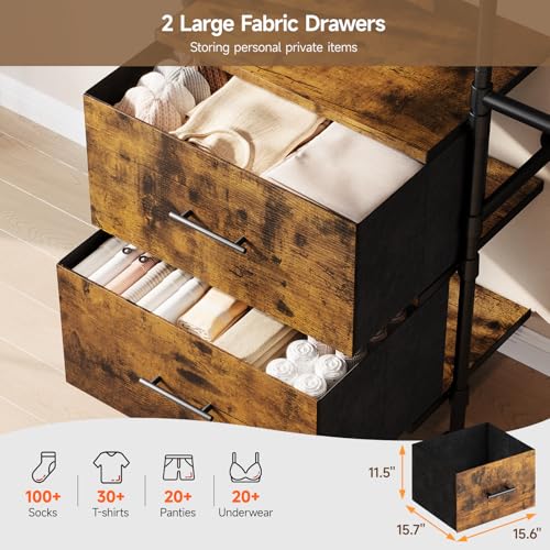 ONBRILL T2 Wall Mounted Industrial Pipe Clothing Rack, Closet Organizers and Storage System with 2 Drawers, 6 Wooden Shelves & 4 Expandable Rods, Heavy Duty Garment Rack, Wardrobe (Rustic Brown) - color: Rustic Brown