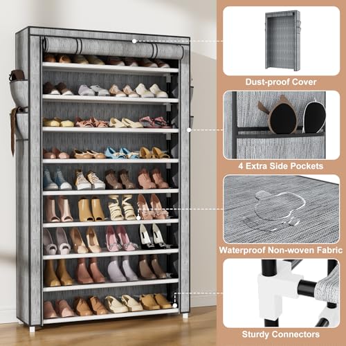 VILICK Shoe Rack with Cover Narrow Shoe Organizer with Pockets 10 Tier Tall Shoe Storage Holds 36-41 Pairs Shoes and Boots Shoe Rack for Closet Entryway Garage, Printing - color: Printing, size: 10 Tiers-34.6" Wide