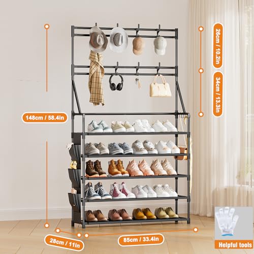 OYREL Shoe Rack 5 Tier Shoe Racks Organizer 20-25 Pairs Shoes Rack for Closet Entrance Shoe Storage Organizer with Hooks and Side Pocket Entryway Shoe Holder Space Saving Free Standing Shoe Racks - color: Black, size: 5 Tier