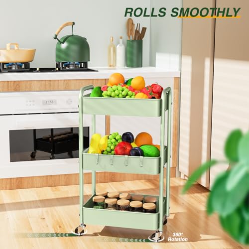 LEHOM 3 Tier Rolling Storage Cart, Metal Trolley Utility Cart with Wheels & Hooks, Easy Assembly Organizer Storage Cart for Bathroom Kitchen Office Bedroom - color: Green
