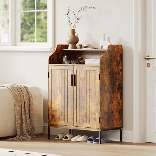 Patikuin Shoe Storage Cabinet for Entryway, 5-Tier Brown Shoes Cabinet w/Doors and 3 Adjustable Shelves, 41" Tall Wood Shoe Rack for Closet, Modern Shoes Organizer for Entryway, Hallway, Living Room - color: Brown