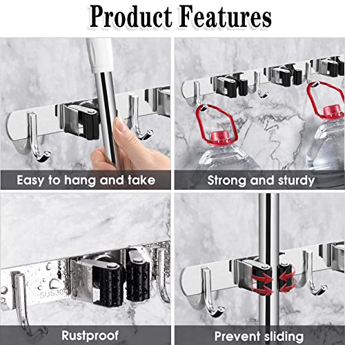 3 Racks and 4 Hooks Broom and Mop Holder Wall Mounted Garage Organizer Storage Tool Racks Stainless Steel Heavy Duty Hooks Self Adhesive Solid Non-slip Wall Hangers for Home Kitchen Garden Laundry - color: 3 Racks & 4 Hooks (Silver) - 1 Pack
