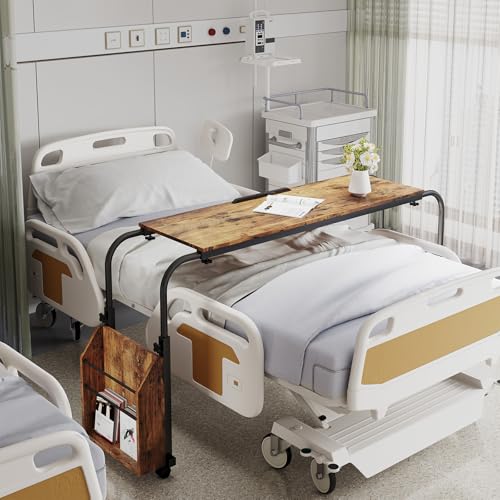 Arlopu Overbed Table with Wheels,60.6-84.2 inches Mobile Bed Desk,Rolling Computer Desk, Laptop Cart,W/0-65°Tilt Stand,4 Heights and 6 Lengths,Side Storage Basket,for Home,Office and Hospital (Brown) - color: Brown