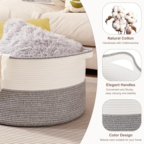 OIASKET Large Blanket Basket with Handles, 22.8" x 22.8" x 13" Woven Storage Basket for Living Room, Cotton Rope Baby Toy Storage for Clothes, Pillows, Towels-Grey and White - color: Grey & White, size: 90L