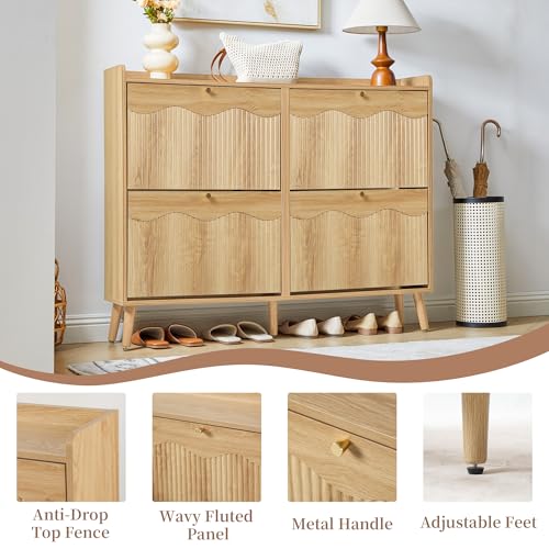 Bifins Shoe Storage Cabinet with 4 Wavy Fluted Flip Drawers, Modern 47.2” Wide Hidden Narrow Shoe Rack Cabinet for Entryway Foyer Hallway (Natural Oak 4 Drawer) - color: Natural Oak 4 Drawer