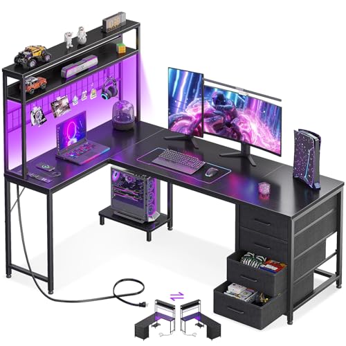 AODK L Shaped Desk Gaming Desk with LED Light & Power Outlet, 59 Inch Reversible L Shaped Computer Table with 4 Drawers for Home Office, Black - color: Black, size: 59 inch