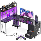 AODK L Shaped Desk Gaming Desk with LED Light & Power Outlet, 59 Inch Reversible L Shaped Computer Table with 4 Drawers for Home Office, Black - color: Black, size: 59 inch