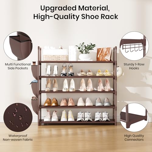 VILICK Shoe Rack for Closet Shoe Organizer Space Saver Storage for 20-25 Pair Shoe Shelf with Hook and Side Pocket Free Standing 5 Tier Shoe Rack Organizer for Entryway,Small Spaces, Brown - color: Brown, size: 33.5"W - 5 Tier