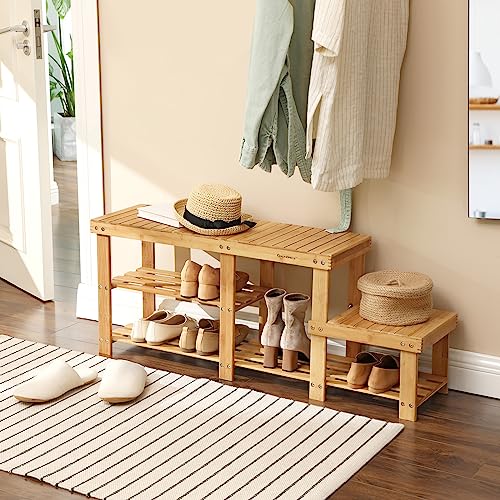 SONGMICS 2-Tier Shoe Bench Boot Organizing Rack Entryway Storage Shelf with High and Low Levels for Adult and Child Bamboo LBS120N - color: Light Bamboo, size: 11.1"D x 44.1"W x 17.7"H