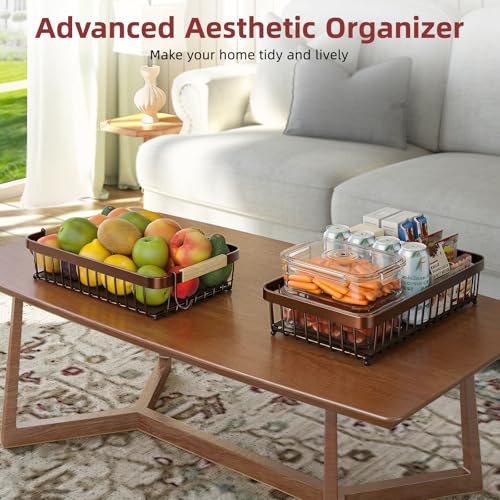 Sevenblue 2 Tier Large Fruit Basket for Kitchen Counter with 2 Mobile Banana Hangers, 2026 Pro Detachable Metal Fruit Bowl with Wooden Handle (Brown, 2 Tier Extra Large) - color: Brown, size: 2 Tier Extra Large
