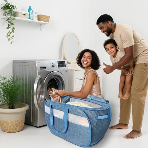 Upgraded 100L Extra Large Mesh Pop Up Laundry Hamper with Lid and Handles. XL Closet Storage Bins, Dirty Clothes Basket for Dorm Home, Foldable Laundry Basket. Blue. H - color: Blue, size: Single Horizontal
