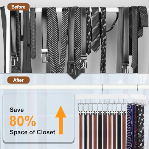 TOPIA HANGER 2 Pack 2 in 1 Belt Tie Hanger for Closet Max 60 Belts with 60 Ties Capacity, 40 Hooks Belt Tie Racks Wooden Hanger for Closet Organizer Storage “U” Fit Belt and “一” Fit Tie - CT52W - color: White-2 Pack