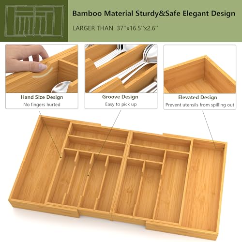 Suli Large Silverware Drawer Organizer，Adjustable Kitchen Flatware for Forks Knives and Spoons， Bamboo Cutlery Utensil Holder,Expandable from 22in-37in，Natural Bamboo