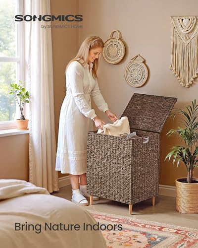 SONGMICS Laundry Hamper 2 Sections, 34.3 Gal. (130 L) Handwoven Water Hyacinth Wicker Laundry Basket with Lid, Natural Material, Removable Machine Washable Liners, Handles, Espresso ULCB202K01 - color: Espresso, size: 130 L (Handwoven)