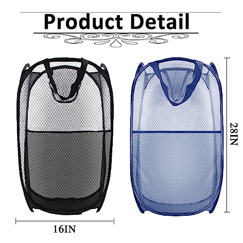 Collapsible Pop Up Laundry Hamper, Extra Large Mesh Foldable Laundry Basket Bag, 28" x 16" x 16", 2 Pack (Black + Blue) - color: 2P Black+Blue