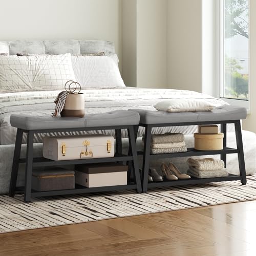 YATINEY Shoe Bench, 3-Tier Shoe Rack, Entryway Bench with Storage and Cushion, for Hallway, Foyer, Bedroom, Gray and Black HX02BG - color: Gray + Black