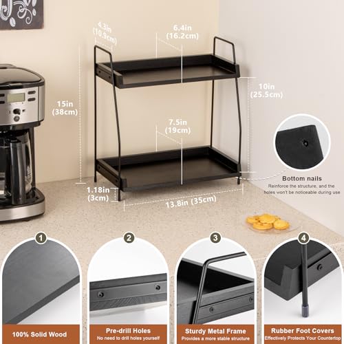 ANBOXIT 2-Tier Coffee Station Organizer, Wooden Kitchen Counter Shelf - Black - color: Black