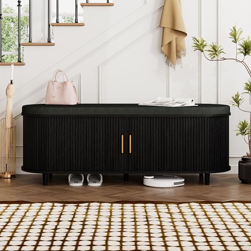 DHH 2-Tier Storage Bench,Wide Shoe Bench with Thickened Padded Seat Cushion, Mid Century Modern Fluted Sliding Door and Adjustable Shelf, for Entryway, Living Room, Bedroom (Black, 51.2”) - color: Black, size: 51.2 inch