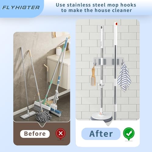 Broom and Mop Holder Wall Mounted, Heavy-Duty Stainless Steel Storage Rack with 2 Racks & 2 Hooks,Broom Organizer for Kitchen,Bathroom,Garage,Garden（SILVER - color: SILVER-2 Racks2 Hooks