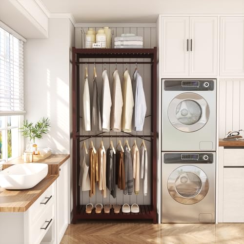 Homykic Bamboo Clothes Rack with Shelves and Double Hang Rods, Portable Closet System Garment Rack for Hanging Clothes, Tall Clothing Rack Corner Closet Organizer, Easy to Built, Espresso - color: Espresso, size: Standard