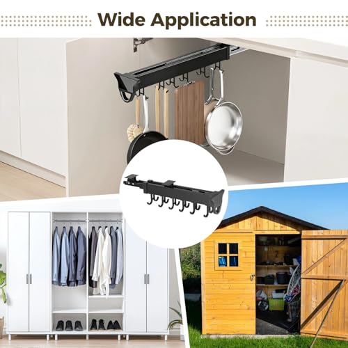 Homaisson Pull Out Hanging Pot Rack, 12-Hook Extendable Sliding Rail Organizer, Metal Pull Out Pan Rack for Under Cabinet, Adjustable Pot Pan Organizer, Multi-Use for Cupboard Closet