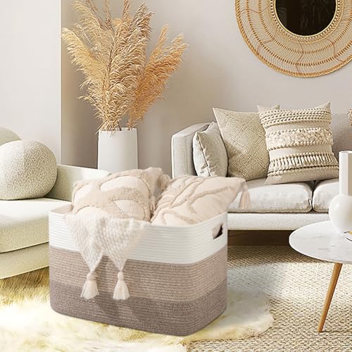 OIAHOMY 118L Extra Large Blanket Basket, Rectangle Woven Cotton Rope Storage Basket,Used for storing Dirty Clothes, Stuffed Animal Toy Storage for Living Room,Kids Room,25" x 17" x 16", Gradient Brown - color: Gradient Brown