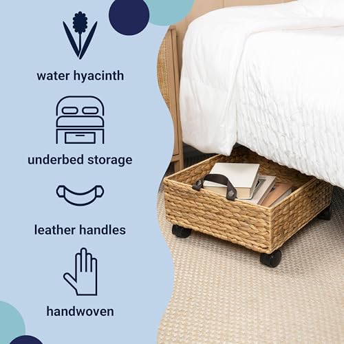 happimess BSK2014A Adaline 18.11" Classic Farmhouse Handwoven Hyacinth Rectangular Underbed Storage Bin with Wheels and Handles for Storage and Decoration in Bathroom, Bedroom, Entryway, Natural - color: Natural