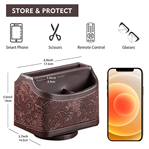 Fanousy 360° Rotating Remote Control Holder, PU Leather TV Remote Caddy Organizer Basket Storage Box with 5 Compartments for Pen, Pencil, Art Supplies, Makeup Brush, Office Desk Table Accessories - color: Antique