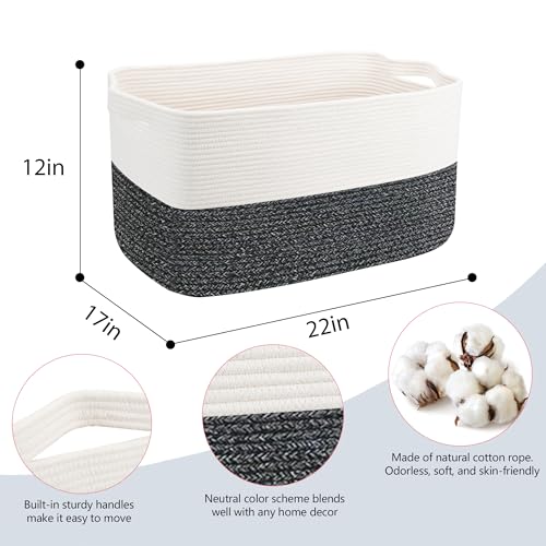MEGASKET Extra Large Toy Box, 22" x 17" x 12" Rectangle Blanket Basket Living Room, Woven Cotton Rope Baskets for Storage, Soft Toy Storage Organizer Bin Chest, Kids Toy Box fo Living Room - color: White & Black Stripe