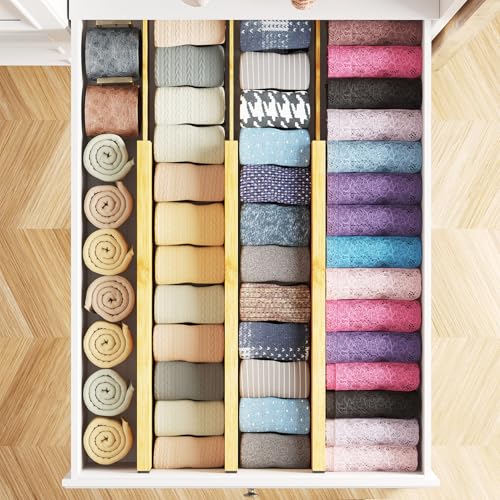 SpaceAid Bamboo Dresser Drawer Dividers 6 Pack, 4.65“ High Adjustable 17“-22” Drawer Organizers, Expandable Organization for Clothing, Clothes, Dressers, Natural - color: NATURAL, size: 4.65''H, 17''-22''L