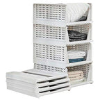 Folding Wardrobe Storage Box 4-Pack Plastic Drawer Organizer Stackable Shelf Baskets Cloth Closet Containers Bin Cubes,Home Office Bedroom Laundry Fold Pull Out Dividers for Clothes,Toys White