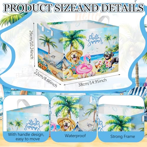 Geelin 3 Pcs Beach Baskets Summer Storage Basket for Gifts Collapsible Waterproof Canvas Cute Storage Bin Organizer with Handles for Book Closet Shelf Nursery Decor - style: Beach