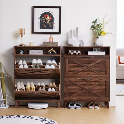 Joaxswe Shoe Cabinet Storage for Entryway with 2 Flip Drawers 2 Hook Open Storage Layer Rack Narrow Organizer Slim Hidden Wood Shoe Cabinet Furniture Walnut - color: Walnut