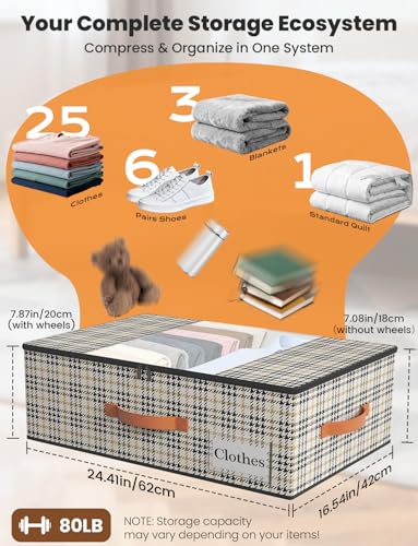 2-Pack Under Bed Storage Bins with Wheels and 4 Vacuum Seal Bags, Heavy Duty 80lbs Capacity,7.9" Height Clear Lid Organizer for Dorm Bedroom Clothes Shoes Toys,Quick Assembly Space Saver Houndstooth - color: Houndstooth, size: 7.9 inches