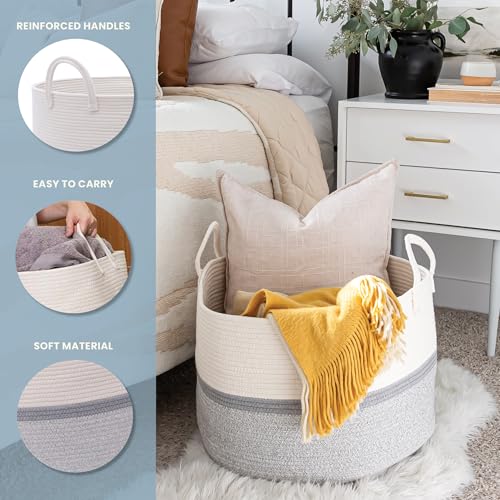 OrganiHaus Large Woven Storage Basket for Blankets and Toys 20" x 13" Inch, Rope Laundry Basket with Handles, Cushions & Pillows Storage Bin, Nursery Hamper, Soft Round Dog Toy Bin - Gray Stripe - color: Striped Gray, size: Wide